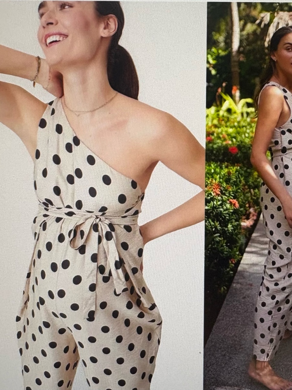 Hatch One-Shoulder Polka Dot Jumpsuit in Beige and Black